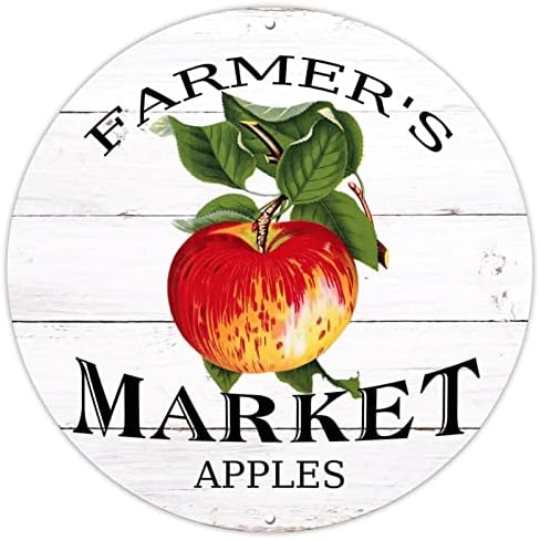 Земјоделскиот пазар на метал знак Фармхаус Шаби ретро јаболка овошје од влезна врата од врата, знак на венец, 9 -тина тркалезен знак на венец,