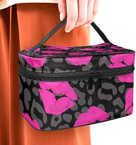 торба за Шминка за Патување јојоамој Со Преграда, Розова Шема На Усни Леопард Жито Голема Козметичка Кутија Персонализирана