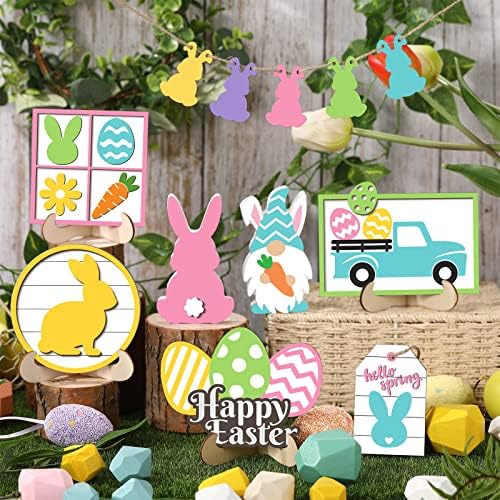 JETEC 12 парчиња Велигденска лента за декорирање Дрвен зајаче велигденски јајце гноми камиони лента за камиони знаци Среќни предмети на Велигденска