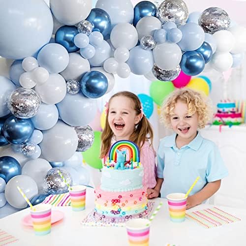 Сина балон Гарланд лак комплет, метални сини бели и сребрени конфети латекс балони за бебешки туш роденденски венчавки годишнина