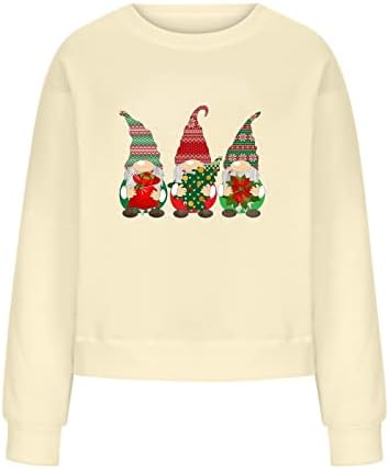 Christmasенски женски божиќни божиќни џемпери на долги ракави на врвот, есен и зимски обичен тркалезен врат печатен пулвер