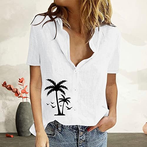 Памучни постелнини блузи за жени обични кратки ракави маица лапел вратот летни врвови на копчето надолу графички лабави кошули
