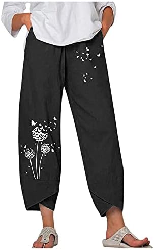 Вокачи летни капри панталони за жени обични џебови памучни постелнини широко влечење на ногата еластична половината на каприс