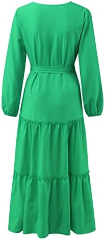 Usuming женско копче V-вратот за замав фустан со цврста боја долга ракав крпеница со проток со појас каузален макси фустан