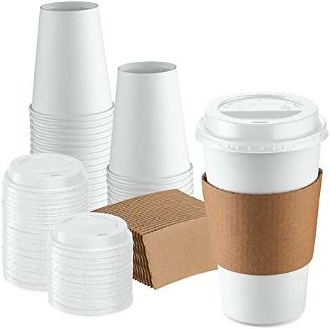 Удобен Пакет [50 Комплети 12 мл. Бели Шолји За Кафе за еднократна употреба Со Бели Капаци , Ракави - За Одење Хартиени Топли Чаши…
