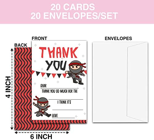 Mumeed роденден Ви благодариме картички со коверти, црвена нинџа пополнете ги празните картички за благодарност, сет од 20, материјали