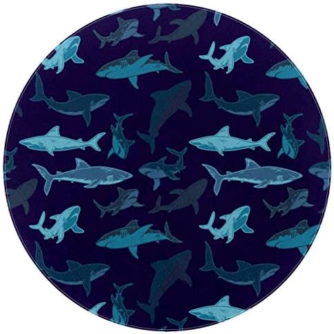 Llnsupply Детска килим 5 ft Големи килими со тркалезна област за девојчиња момчиња бебе - морнарица сина морска ајкула шема пливање, домашно