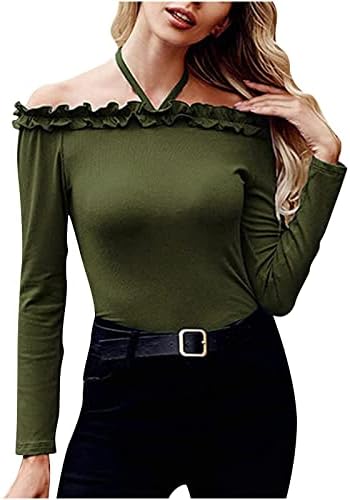 Женски моден пад џемпер секси надвор од рамото со долги ракави плетени кошули запрени лакови трим тенок врвен цврст пулвер блуза