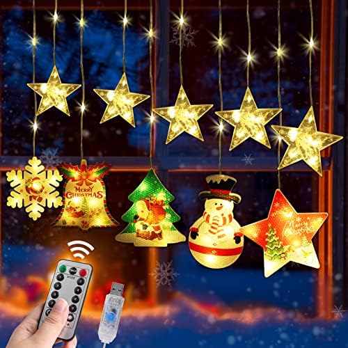 Божиќни завеси за завеси USB напојувани, 9,84 метри затворени starsвезди Снегурки Декорации Светла со далечински тајмер, 8 режими