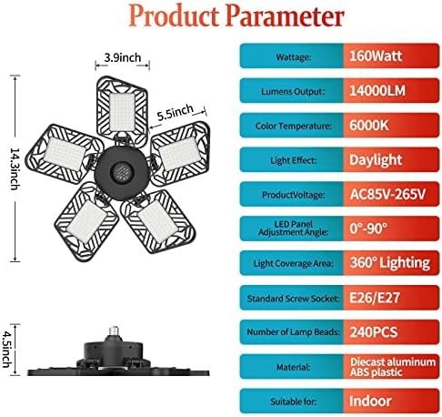 LED Гаражни Светла, Деформабилни LED Гаражни Тавански Светла со 5 Прилагодливи Панели Со Повеќе Позиции, 160w 14000lm Супер Светли