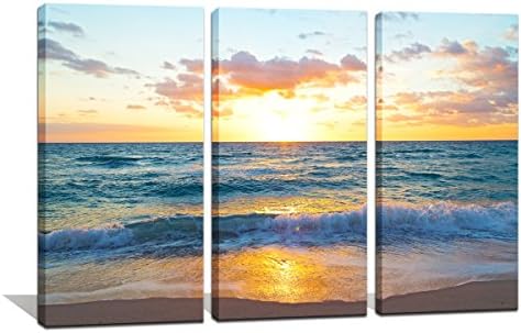 Ное уметност-океанска плажа wallидна уметност, изгрејсонце над плажата Мајами Сино море океан слики на платно печатење, дрвена врамена бања