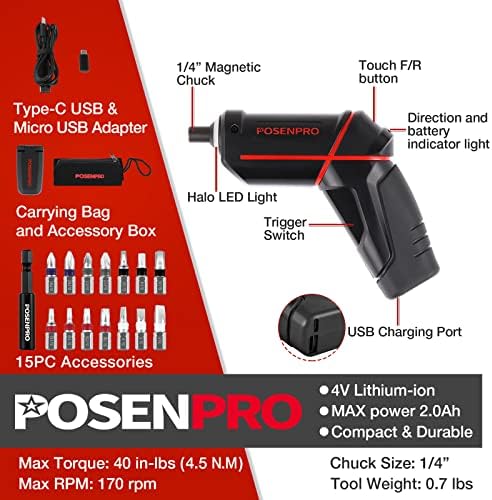 PosenPro безжичен електричен шрафцигер, 4V за полнење на шрафцигер за напојување со 15 додатоци за компјутери, пиштол за завртки со