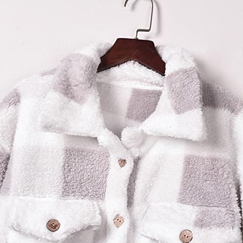 Женски меки руно карирани јакна палта отворени предни кратки лапчиња Шерпа Шекет топла зимска надворешна облека со џебови
