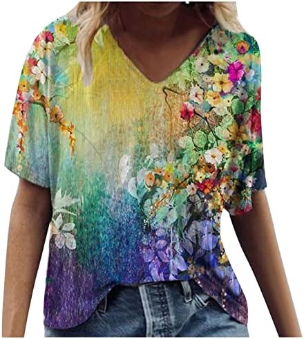 Цветни врвови за печатење за жени со краток ракав плус маици со големина V вратот Обичен тренинг кошула гроздобер графички бохо маички