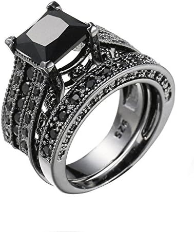 Трендовски тинејџерски накит 2-во-1 ангажман женски дијамантски сребрен прстен гроздобер свадба бенд Црн сет прстени