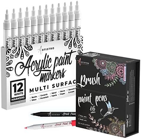Artistro 12 акрилни маркери за бела боја Среден врв и 16 акрилни бои пенкала за четка, пакет за уметници, аматерски хобисти и loversубители