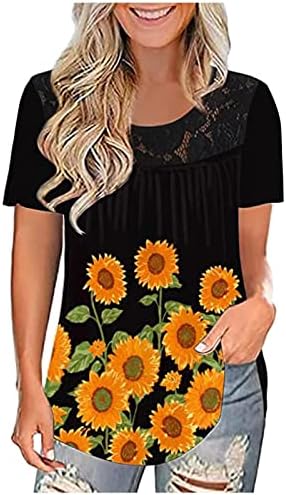 Женски плус големина летни врвови, облечени обични обични кошула на плажа, кратки ракави маици, цветни чипка, плетени тунични врвови