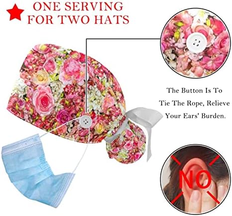 2 пакувања Scrub Cap Women со копчиња, прилагодлива еластична вратоврска за череп капи, цветен цветен буфан хируршки капа