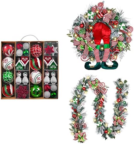 Валери Медлин Црвена Зелена Бела Божиќна Вредност Пакет 60ct Божиќна Топка Орнаменти + 30 инчен Божиќен Венец + 9 стапки Божиќна Венец