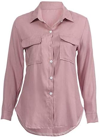 Blефлуу блуза за жени, памучна постелнина солидна цврста долга ракав кошула со блуза Туника копче надолу на врвовите