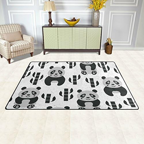 Wellи животински област килим, бела црна симпатична панда бамбус под подот, без лизгање, за живеење за живеење во студентска соба за спална