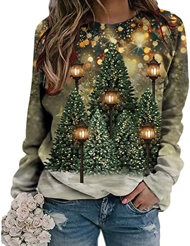 Brkewi женски Божиќни туники врвови мода 2023 новогодишна долга ракав џемпери со екипаж на екипажот, запали џемпер на џемпери на дрво