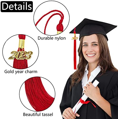 2023 Дипломирање Тасел, Црвена тасел за матура капа со 2023 година златен шарм за церемонија на дипломирање, додатоци за тасел