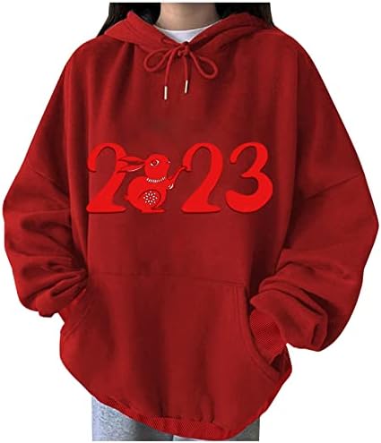 2023 Преголема качулка за жени Симпатична зајаче зајаче графичка пулвер кошула со качулка Среќна новогодишна маичка за печатење