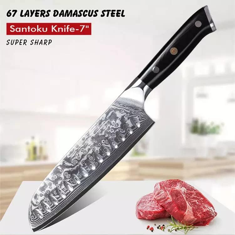 Сè за ressубовницата Сантоку нож - 7 Висок јаглерод не'рѓосувачки челик јапонски нож за готвачи - кујнски ножеви 67 слоја + G10 Не'рѓосувачки