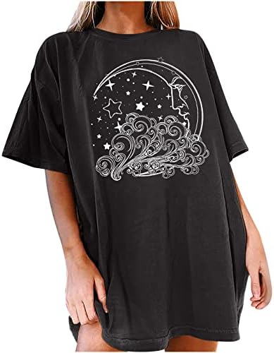 Женски плус големина џемпер, обична екипаж кратки ракави Сонце Месечина печати преголем графички пуловер врвови маица