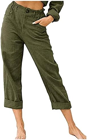 Летни обични капри панталони за жени цврсти еластични половини со високи половини со џебови исечени лабави вклопувани памучни каприс