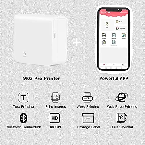 300DPI мини термички печатач, M02Pro безжичен џеб печатач на налепници со Bluetooth со 3 ролни транспарентни термички налепници за DIY,