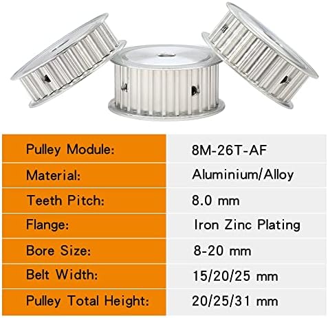 Axwerb Professional 2PCS 8M-26T заби на заби, со големина 8/10/12/11/19/20мм алуминиумски тркала за ширина на ременот од 8м 15/20/25мм