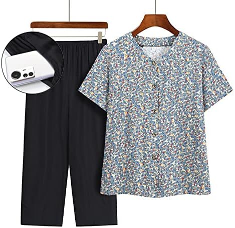2 парчиња облека за жени плус големина летни обични маици со краток ракав и панталони поставува постари жени лабави сетови за вежбање