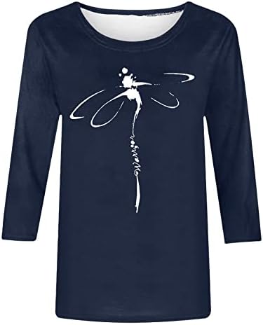 Обични блузи за дами 3/4 ракав екипаж Spandex Dragonfly графички опуштени врвови на врвови кошули тинејџери девојки jt