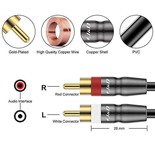 J&D 2 RCA до 2 RCA кабел, бакарна обвивка злато-позлатена 2RCA машки до 2RCA машки кабел стерео аудио RCA кабел, 3 стапки