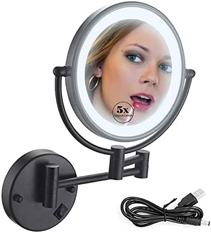 Ринил шминка огледало 8 инчи LED двострана 1x/5x зголемувачки суета огледало вртење на вртење за хотели за бања