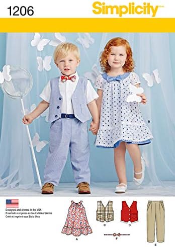 Едноставноста 1206 Панталони за мали и девојчиња за девојчиња, елек, фустан, лак-вратоврска и модели за шиење на појас, големини А