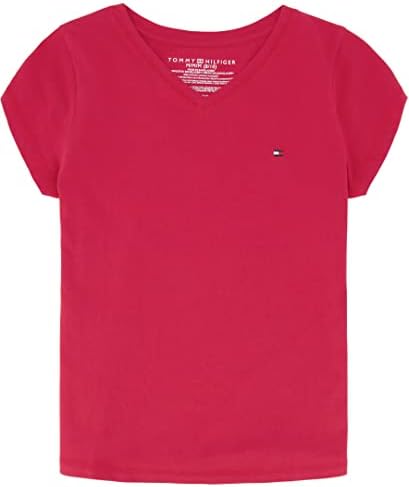 Девојки на Томи Хилфигер кратки ракави со цврста боја со маица V-вратот, везено лого и дизајн без обележја, ултра-мека удобност вклопување