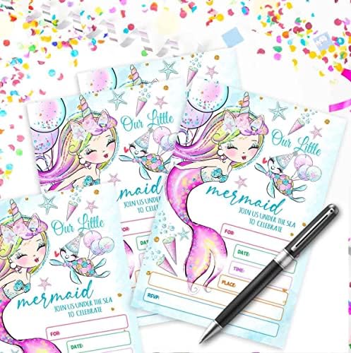 30 парчиња покани за роденден во сирена со коверти за деца роденденска забава Бебе туш, сирена тематска забава