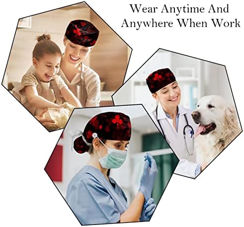 2 парчиња медицинска сестра за чистење капачиња жени долга коса, црвена покер печатење прилагодливо работно капаче со копче и џемпери