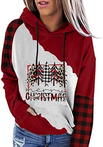 Божиќни дуксери за жени Симпатична снегулка пуловер Обичен бок -блок со долги ракави врвови со кошула со џеб