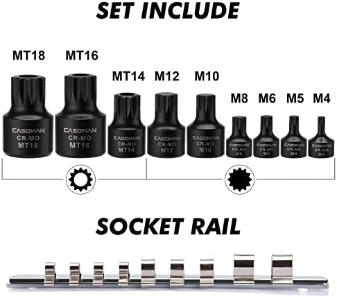 CASOMAN 11 КОМПЈУТЕР Женски E-TORX Star Socket Сет Со Железнички, E4-E20 Приклучок Сет &засилувач; 9-Парче Низок Профил Влијание Троен Квадратен