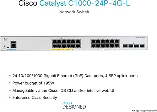 C1000-24P-4G-L Cisco нов прекинувач, 24 Gigabit Ethernet POE+ Ports, 195W POE буџет, 4 1G SFP портрети, операција без вентилатори