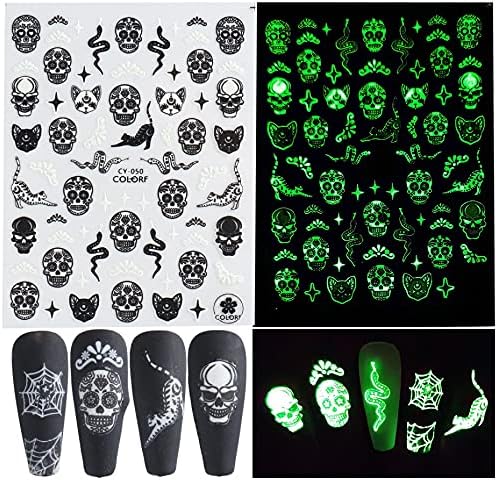6 чаршафи налепници за нокти за Ноќта на вештерките за декорации за уметност за нокти, сјај во темниот 3D само-лекав ДИЈ нокти Уметнички материјали