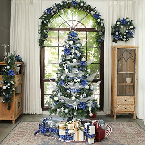 Wbhome 6ft украсена вештачка новогодишна елка со украси и светла, сини сребрени Божиќни украси, вклучувајќи 6 нозе цело дрво,