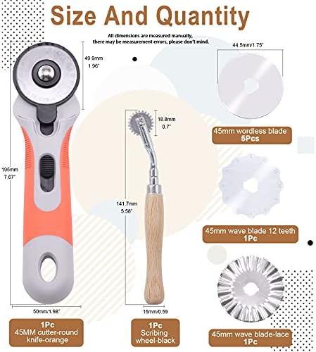 Wokape 10pcs 45mm Quilting Rotary Cutters Комплет со ротирачко сечило за замена од 7 парчиња, тркало за трагање на кожни игла 2мм, идеален ротирачки секач за алатка за занаетчиска ткае?