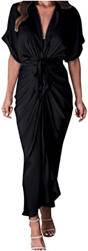Lcензиво женски преден кошула фустан со фустани со кратки ракави фустани Елегантен тенок слој појас макси фустан