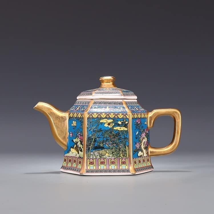 Irdfwh емајл златен чајник со рачки шестоаголни чајници со цвеќиња и птици шема антички порцелан