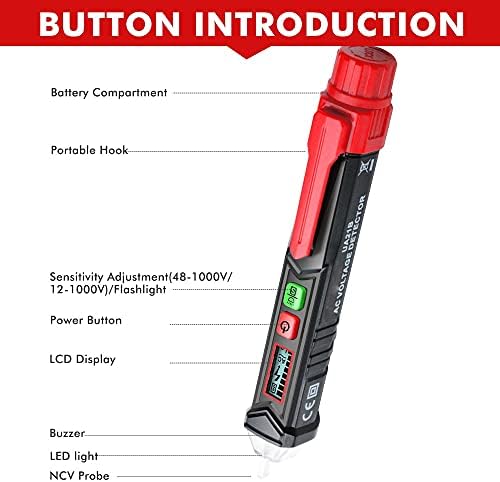 Тестер за напон на напон на WDBBY UA21B не-контакт AC Напон откриен пенкало 12V-1000V со LCD дисплеј LED аларм за сијаж на светла на ламби